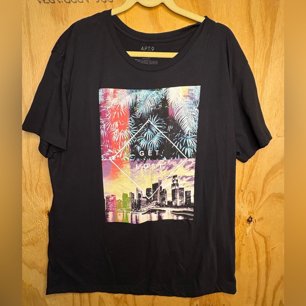 Mens Graphic‎ T Shirt XXL Black Palm Tree City Skyline Tropical Tee